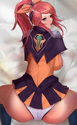 ass battle_academia_lux battle_academia_series blue_eyes breasts league_of_legends luxanna_crownguard nipples open_clothes open_shirt panties pingkypen ponytail red_hair riot_games skirt skirt_lift tagme top-down_bottom-up white_panties