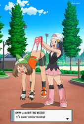 2girls alternate_version_available ass bike_shorts black_legwear blue_eyes blue_hair boots brown_hair bullying dawn_(pokemon) embarrassed female female_only gloves human humiliation lifting master_chimichurri may_(pokemon) may_(pokemon_emerald) nintendo outdoors panties panty_pull pokeball pokemon pokemon_dppt pokemon_rse print_panties red_panties sad scarf shoes shorts skirt tagme wedgie white_hat wristband