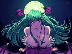 1girls bent_over blush breasts cleavage clothing darkstalkers female female_only green_eyes green_hair large_breasts leaning_forward long_hair looking_at_viewer moon moonlight morrigan_aensland night rumblyf seductive seductive_look seductive_smile smile solo succubus wings