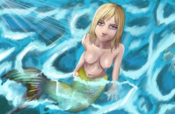 alixter801 annie_leonhardt attack_on_titan blonde_hair blue_eyes female green_tail jpeg medium_hair mermaid mermaid_tail pink_nipples shingeki_no_kyojin signature water