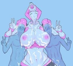 2021 arcee big_breasts bodily_fluids breasts bukkake closed_eyes cum cum_in_mouth cum_inside cum_on_breasts cum_on_face cum_on_stomach ex-01_nicee female genital_fluids gesture group happy hasbro hi_res huge_ass humanoid male male/female navel nipples saidra signature takara_tomy transformers v_sign wide_hips