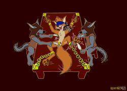 3boys absurd_res anthro balls blindfold bondage bound canid canine canis chains chastity_cage chastity_device disney dungeon fox furniture genitals group hi_res laugh male male_only mammal paws penis remyart420 robin_hood robin_hood_(disney) table tickle_torture tickling tongue tongue_out wolf wolf_archer_(disney)