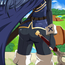 1girls ass ass_focus back_view big_ass blue_hair cape falchion_(fire_emblem) fingerless_gloves fire_emblem fire_emblem_awakening gloves huge_ass long_hair lucina_(fire_emblem) nintendo silash solo solo_female source_request sword thick_ass weapon