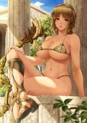 absurdres armor artemis artemis_(greek_mythology) bare_shoulders bikini bikini_armor bow_(weapon) brown_eyes brown_hair cleavage cloud column crossed_legs earrings garden gladiator_sandals greek_mythology headpiece highres jewelry large_breasts lioreo medium_hair original pillar sandals sky swimsuit temple weapon