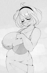 big_breasts bikini blush breasts eyebrows_visible_through_hair hairband iszizzyl_(unyin) lowres monochrome swimsuit towel unyin