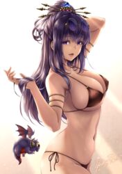 bikini cleavage dated eyewear_on_head greek_mythology hair_ornament jewelry large_breasts lioreo long_hair looking_at_viewer makeup metis navel original parted_lips purple_eyes purple_hair signature sunglasses sunglasses_on_head swimsuit