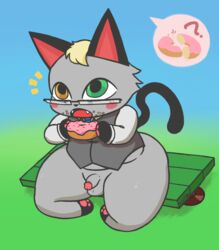 animal_crossing anthro bench blonde_hair blush cat_ear clothed clothing dessert domestic_cat doughnut eyewear felid feline felis flaccid food fur genitals glasses grey_body grey_fur hair heterochromia hi_res long_tail male male_only mammal mitten_hands nintendo on_bench partially_clothed pawpads paws penis pink_pawpads raymond_(animal_crossing) sitting small_penis solo thick_thighs topwear video_games zlut385