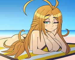 ass azure_striker_gunvolt beach breasts female green_eyes gunvolt jomokin laying_down looking_at_viewer nike_(gunvolt) one_eye_closed