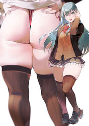 aqua_eyes aqua_hair ass ass_focus female iku_(ikuchan_kaoru) kantai_collection long_hair looking_at_viewer miniskirt multiple_views school_uniform skirt_lift smile solo suzuya_(kantai_collection) thick_thighs thighs thong