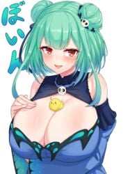 1girls animal big_breasts blush breasts cleavage cleavage_cutout clothed creamcod cute duck female female_focus female_only green_hair hair_ornament hand_on_breast hololive hololive_fantasy hololive_japan huge_breasts japanese_text jefflink looking_at_viewer mint_green_hair necromancer red_eyes skull smile smug_face uruha_rushia virtual_youtuber youtube youtuber