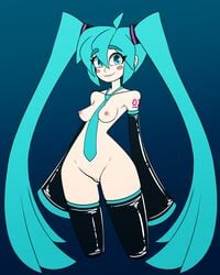 1girls 2021 aged_up blue_background blue_eyes blue_hair breasts crypton_future_media female hatsune_miku jomokin long_hair long_sleeves necktie necktie_between_breasts nipples nude nude_female sega sleeves_past_wrists small_breasts stockings twintails vagina vocaloid