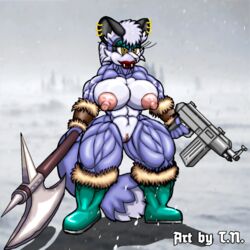 1:1 abs anthro arctic_fox axe biceps big_breasts blue_body blue_fur bns_arts boots breasts canid canine clothing countershade_face countershade_torso countershading ear_piercing fan_character fangs female footwear fox fur genitals green_boots green_clothing green_footwear gun hair inner_ear_fluff looking_at_viewer mammal melee_weapon mobian_(species) mostly_nude multicolored_body multicolored_fur muscular muscular_anthro muscular_female oc olga_the_arctic_fox original_character piercing pussy ranged_weapon sega sharp_teeth smile snow solo sonic_(series) sonic_oc sonic_the_hedgehog_(series) t.n. tattoo teeth tuft tundra two_tone_body two_tone_fur weapon white_body white_fur white_hair yellow_eyes