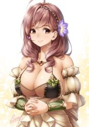 1girls ahoge bangs bare_shoulders big_breasts bikini bracer breasts brown_eyes brown_hair cleavage dated dress flower gem greek_mythology hair_ornament hairband huge_breasts jewelry large_breasts lioreo long_hair looking_at_viewer necklace original persephone shiny_skin sideboob signature smile solo