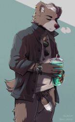 anthro balls beverage bottomless breath brown_body brown_fur clock clothed clothing ear_piercing eyewear foreskin_restoration_device fur genitals hi_res majmajor male mammal penis piercing popped_collar pubes solo sunglasses ursid watch