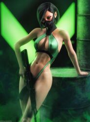 1girls 3d assault_rifle black_hair breasts cleavage female female_only green_eyes gun looking_at_viewer mask navel nipples_visible_through_clothing skimpy skinny slim slim_waist solo therealzoh valorant viper_(valorant)