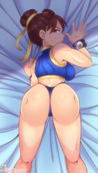 1girls artist_name ass brown_eyes brown_hair capcom cherrypix chun-li double_bun female hair_ribbon lips looking_back looking_to_the_side sideboob solo street_fighter street_fighter_alpha thong wristband