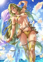 1girls aphrodite aphrodite_(greek_mythology) armor arms_up bikini bikini_armor bracelet cloud dated day earrings female fishnets gem greek_mythology green_eyes green_hair highres hoop_earrings jewelry large_breasts lioreo long_hair necklace ocean open_mouth original outdoors petals signature sky solo standing sun swimsuit thighhighs tiara