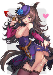 1girls absurdres animal_ears ass bare_shoulders blood bloody_weapon blue_flower breasts brown_hair cleavage clothing cowboy_shot cum cum_in_pussy cum_on_body cum_on_breasts dagger dress female flower ginyasama hair_over_one_eye hand_up hat hat_flower heart highres holding holding_dagger holding_weapon horse_ears hydrangea long_hair long_sleeves looking_at_viewer mini_hat off-shoulder_dress off_shoulder purple_dress purple_eyes purple_headwear rice_shower_(umamusume) scabbard sheath short_dress small_breasts smile solo standing tears thighhighs thighs tongue tongue_out twisted_torso umamusume weapon