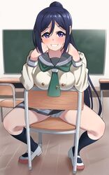 black_legwear blue_hair blush bow bowtie breast_rest breasts chair classroom desk eyebrows_visible_through_hair female full_body green_neckwear grin hair_between_eyes highres igarashi_kyouhei indoors kneehighs long_hair long_sleeves looking_at_viewer love_live! love_live!_sunshine!! matsuura_kanan medium_breasts miniskirt panties pantyshot pleated_skirt ponytail purple_eyes purple_hair school_chair school_desk school_uniform shirt shoes sitting skirt smile socks solo table teeth underwear uranohoshi_school_uniform uwabaki white_panties wooden_floor