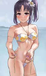 beach bikini blurry breasts commentary_request cowboy_shot depth_of_field female floral_print highres igarashi_kyouhei kazuno_sarah looking_at_viewer love_live! love_live!_sunshine!! medium_breasts muscular muscular_female outdoors purple_eyes purple_hair side_ponytail solo swimsuit tan tanline toned untied untied_bikini white_bikini