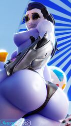 1girls 3d ass ass_focus big_ass blizzard_entertainment blue_hair breasts huge_ass looking_at_viewer looking_down massive_ass mitzie_(overwatch) overwatch purple_skin smug summer swursterotic thong widowmaker