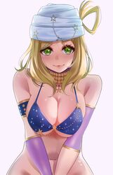 asymmetrical_sleeves big_breasts bikini blonde_hair blue_bikini blush breast_squeeze breasts detached_sleeves female green_eyes head_scarf highres huge_breasts igarashi_kyouhei large_breasts long_hair looking_at_viewer love_live! love_live!_sunshine!! massive_breasts medium_hair navel ohara_mari simple_background smile solo swimsuit upper_body white_background wide_hips