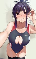 bangs big_breasts black_hair black_legwear blush breasts brown_eyes cleavage cleavage_cutout clothing_cutout competition_swimsuit curvy female hair_ornament hairclip highres huge_breasts igarashi_kyouhei large_breasts leaning_forward looking_at_viewer massive_breasts one-piece_swimsuit original parted_lips plump short_hair short_ponytail smile solo sweat swimsuit thighhighs voluptuous