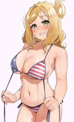 american_flag american_flag_bikini bikini bikini_pull blonde_hair blush braid breasts cleavage clothes_pull crown_braid female flag_print green_eyes hair_rings highres igarashi_kyouhei large_breasts long_hair looking_at_viewer love_live! love_live!_sunshine!! navel ohara_mari simple_background smile solo swimsuit