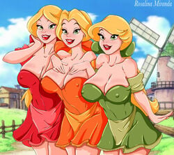 3girls beauty_and_the_beast_(1991_film) big_breasts bimbo blonde_hair busty claudette_(red) cleavage clothed disney erect_nipples female green_eyes hairbow huge_breasts large_breasts laurette_(yellow) lipstick long_hair mshowllet nipple_bulge paulette_(green) short_skirt sisters smile the_bimbettes the_triplets voluptuous windmill