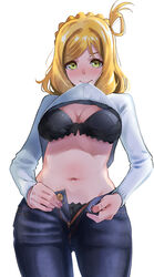 10s absurdres bangs black_bra black_panties blonde_hair blush bra breasts cleavage denim eyebrows_visible_through_hair female green_eyes grey_sweater groin highres huge_filesize igarashi_kyouhei jeans lace lace-trimmed_bra lace-trimmed_panties lace_trim large_breasts love_live! love_live!_sunshine!! medium_hair mouth_hold navel nose_blush ohara_mari open_fly panties pants short_hair solo standing sweater thighs unbuttoned underboob underwear unzipped white_background zipper zipper_pull_tab