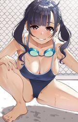 ahoge ass backlighting bangs breasts cleavage colored_eyelashes eye_contact eyewear_removed feet goggles goggles_around_neck groin groin_tendon highres igarashi_kyouhei large_breasts looking_at_another looking_at_viewer mole mole_on_thigh mole_under_eye nail_polish one-piece_swimsuit original school_swimsuit smile stretch swimsuit twintails wet