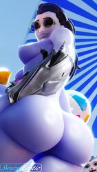 1girls 3d ass ass_focus big_ass blizzard_entertainment blue_hair breasts huge_ass looking_at_viewer looking_down massive_ass mitzie_(overwatch) overwatch purple_skin smug summer swursterotic thong widowmaker