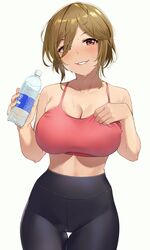 1girls bare_shoulders black_pants blush bottle breasts brown_eyes brown_hair cleavage collarbone commentary_request cowboy_shot crop_top eyebrows_behind_hair female hair_over_one_eye hand_on_own_chest highres holding holding_bottle igarashi_kyouhei large_breasts looking_at_viewer midriff original original_character pants parted_lips red_tank_top shirt_grab short_hair simple_background smile solo sports_bra standing sweat tank_top tight_pants water_bottle white_background white_skin yoga_pants