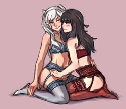 2girls black_hair blush female_only fire_emblem fire_emblem_awakening garter garter_belt garter_straps kidshiro lingerie nintendo robin_(fire_emblem) robin_(fire_emblem)_(female) smiling source_request tharja_(fire_emblem) twintails white_hair yuri