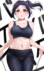 :o bangs bare_shoulders black_pants black_tank_top bouncing_breasts breasts brown_eyes collarbone commentary_request crop_top female highres igarashi_kyouhei jump_rope jumping kazuno_sarah large_breasts love_live! love_live!_sunshine!! navel open_mouth pants parted_bangs ponytail purple_hair serious sidelocks solo sports_bra stomach sweat tank_top tight tight_pants yoga_pants