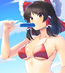 beach bikini black_hair brown_eyes icicle large_breasts looking_at_viewer red_bikini_top reimu_hakurei ribbon sucking tarmo touhou