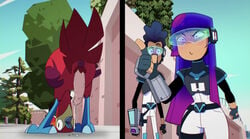 1girls 2boys animal_genitalia blargsnarf blue_hair blush dripping_cum edit embarrassed female glitch_techs hector_nieves limp_penis miko_kubota netflix nickelodeon penis purple_hair screenshot_edit smooth_skin surprised