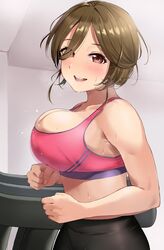 bangs bare_arms big_breasts black_pants blush bouncing_breasts breasts brown_eyes brown_hair cleavage clenched_hands commentary_request exercise eyebrows_visible_through_hair female hair_over_one_eye highres huge_breasts igarashi_kyouhei indoors large_breasts looking_at_viewer open_mouth original pants pink_sports_bra running short_hair smile solo sports_bra sportswear sweat treadmill upper_body upper_teeth