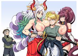 2boys 2girls big_breasts blonde_hair breasts brown_hair crossover devil_may_cry digimon digimon_adventure digimon_adventure_02 digimon_adventure_tri. exposed_breasts female hakama horn horns huge_breasts human kantai_collection large_breasts lewdamone male name_connection naruto naruto_shippuden nipples one_piece shounen_jump size_difference white_hair yamato_(kantai_collection) yamato_(naruto) yamato_(one_piece) yamato_(sword) yamato_ishida