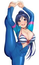 1girls barefoot blue_hair blush breasts cleavage commentary_request diving_suit eyebrows_visible_through_hair female female_focus female_only front_zipper highres igarashi_kyouhei long_hair love_live! love_live!_sunshine!! matsuura_kanan open_mouth ponytail purple_eyes purple_hair solo splits standing standing_on_one_leg vertical_splits wetsuit white_background yoga zipper zipper_down