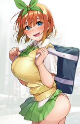 ass big_breasts blue_eyes blush bow breasts female go-toubun_no_hanayome green_bow green_hairband green_ribbons green_skirt hairband highres huge_breasts igarashi_kyouhei large_breasts looking_at_viewer massive_breasts nakano_yotsuba open_mouth orange_hair panties ribbon shiny shiny_hair shiny_skin short_hair skirt skirt_lift smile solo standing sweater_vest underwear white_panties