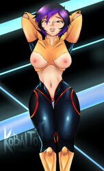 1girls alternate_version_available big_hero_6 bodysuit disney edit exposed_breasts female female_only gogo_tomago kobalto1 large_breasts marvel nipples purple_hair solo tagme thick_thighs tight_clothing