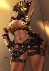 1girls abs armor armpits athletic_female bikini bikini_top camouflage dark-skinned_female female glowing_markings hand_on_hip hands_behind_head helmet midriff pilot_(titanfall) pulse_blade_pilot solo straps sweat titanfall