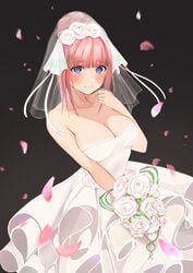 1girls blue_eyes bouquet breasts bride butterfly_hair_ornament crying cute eyebrows_visible_through_hair female flower_petals go-toubun_no_hanayome hair_flower hair_ornament hair_ribbon highres looking_at_viewer nakano_nino pink_hair pov pov_eye_contact ring tears tied_hair uiri_na wedding wedding_dress wedding_veil wholesome