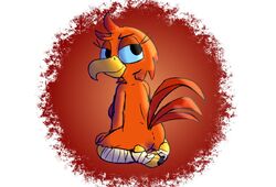 amara_(windborn) anthro ass avian baggy_(artist) beak bird bird_feet blue_eyes chibi eyelashes feathers female kneeling leg_wrappings nude orange_body rear_view red_body red_feathers smile solo tail_feathers windborn yellow_beak