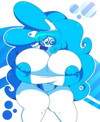 anthro big_ass big_breasts blue_hair bunny bunny_ears dewbber female food_creature furry gummy mob_face nipples solo