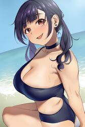 big_breasts black_hair black_swimsuit blue_sky breasts brown_eyes casual_one-piece_swimsuit choker cleavage cloud commentary_request cowboy_shot curvy day female highres horizon huge_breasts igarashi_kyouhei large_breasts long_hair looking_at_viewer massive_breasts mole mole_under_eye ocean oerba_yun_fang one-piece_swimsuit open_mouth original outdoors plump sitting sky smile solo swimsuit twintails voluptuous