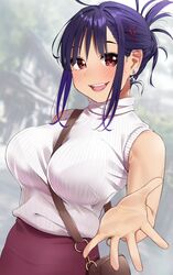 1girls bag bangs bare_shoulders between_breasts big_breasts blush bra_through_clothes breasts brown_eyes commentary_request earrings female female_only folded_hair hair_ornament handbag highres huge_breasts igarashi_kyouhei jewelry large_breasts looking_at_viewer massive_breasts open_mouth original outstretched_hand purple_hair red_skirt ribbed_shirt shirt sidelocks skirt sleeveless sleeveless_shirt solo solo_female turtleneck x_hair_ornament