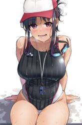 background black_hair breasts brown_eyes commentary_request competition_swimsuit cowboy_shot curvy eyewear_removed female goggles goggles_removed highres igarashi_kyouhei large_breasts long_hair looking_at_viewer one-piece_swimsuit original plump sidelocks simple_background sitting smile solo striped striped_swimsuit swimsuit thick_hips thick_thighs voluptuous wet whistle whistle_around_neck white