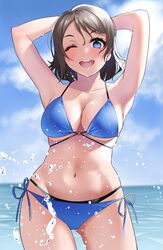 ;d arms_behind_head arms_up bikini black_bikini blue_bikini blue_eyes blurry blurry_background blush breasts brown_hair cleavage cloud cloudy_sky collarbone cowboy_shot day female gluteal_fold highres horizon igarashi_kyouhei looking_at_viewer love_live! love_live!_sunshine!! medium_breasts navel one_eye_closed open_mouth outdoors short_hair side-tie_bikini skindentation sky smile solo standing swimsuit underboob upper_teeth watanabe_you water water_drop wet